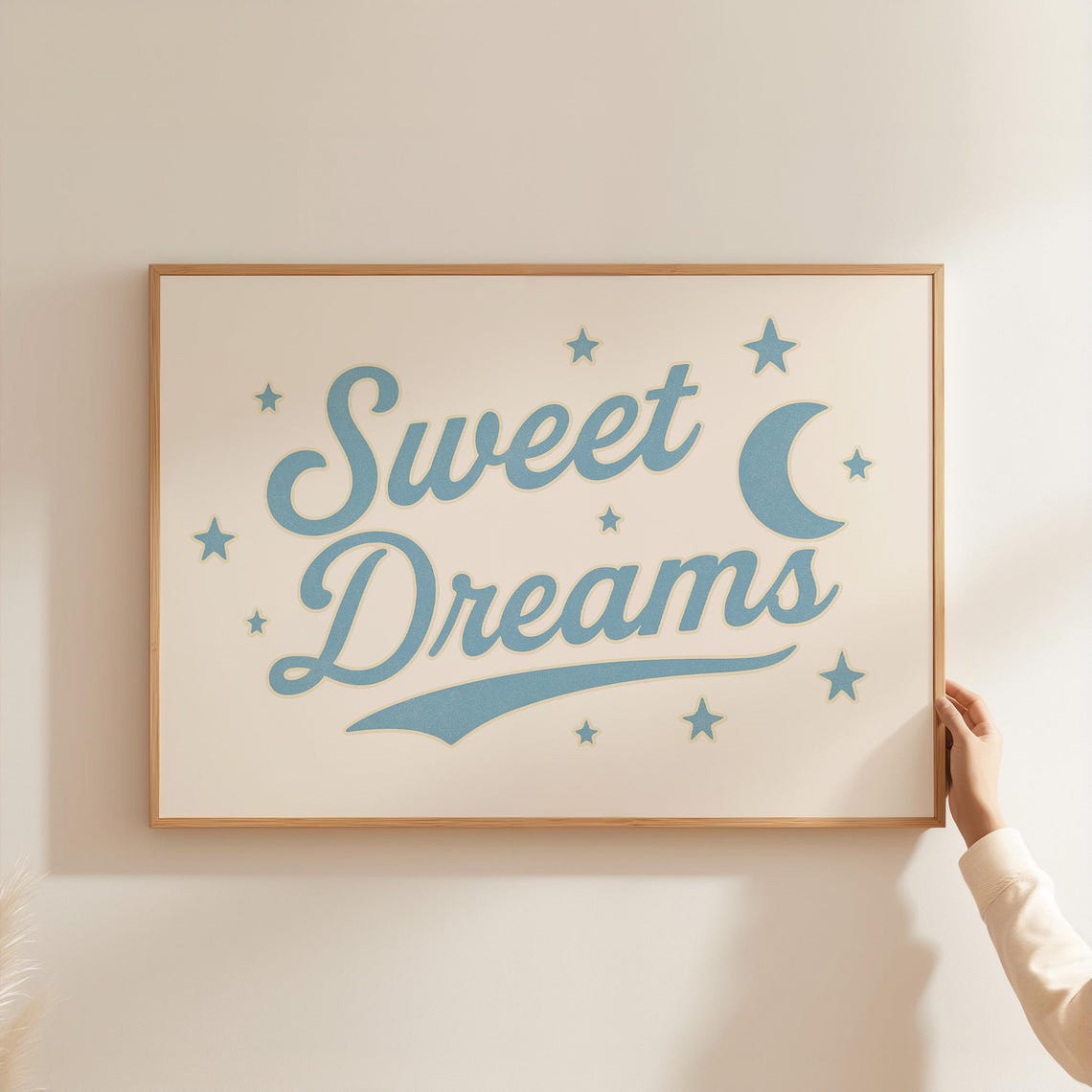 Sweet Dreams Moon and Stars Cream Nursery Retro Bedtime Wall Art