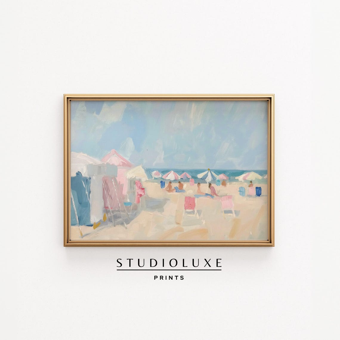 Pastel Beach Umbrellas And Bathers Impressionist Ocean Painting Poster