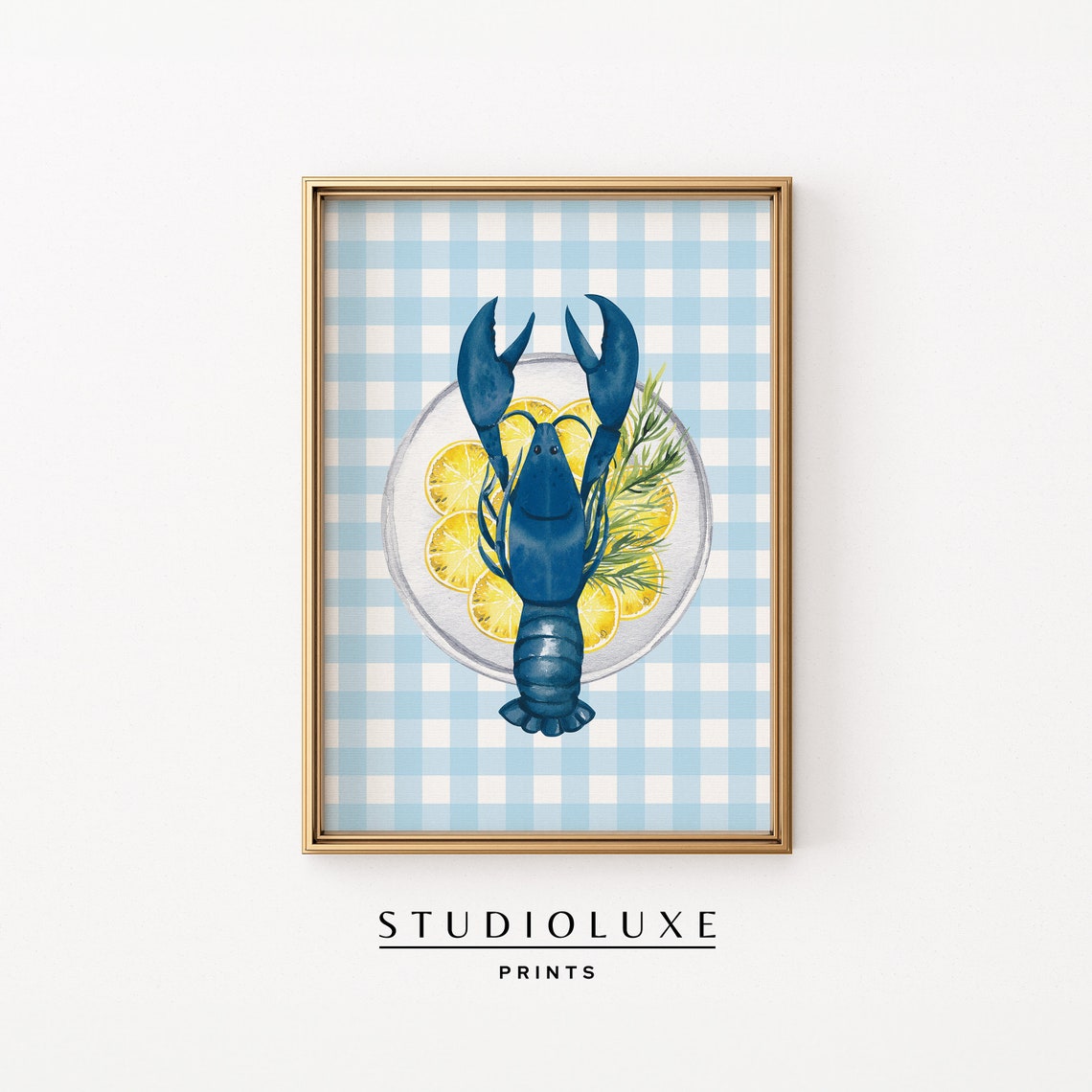 Blue Lobster Watercolor On Plate With Lemons Kitchen Art Poster