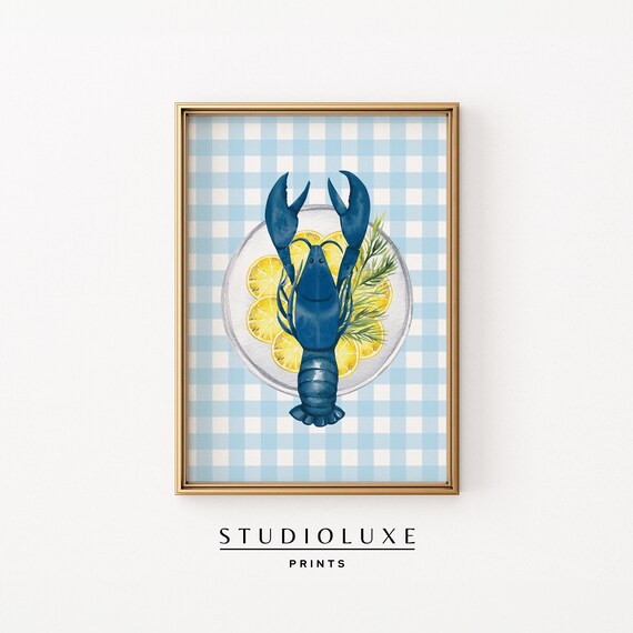 Lobster Lemons Print East Coast Prints Coastal Wall Art Summer Home Decor Gingham Plaid Kitchen Food