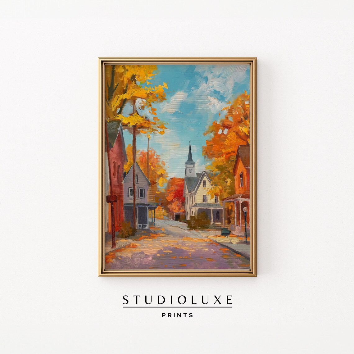 Golden Autumn Village Street Church Steeple Fall Trees Poster