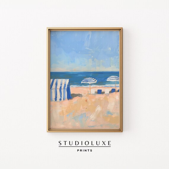 Red Striped Beach Cabanas Sand Blue Sky Coastal Summer Art Poster