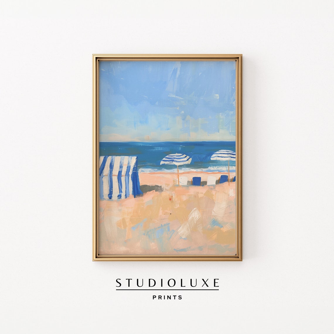 Red Striped Beach Cabanas Sand Blue Sky Coastal Summer Art Poster