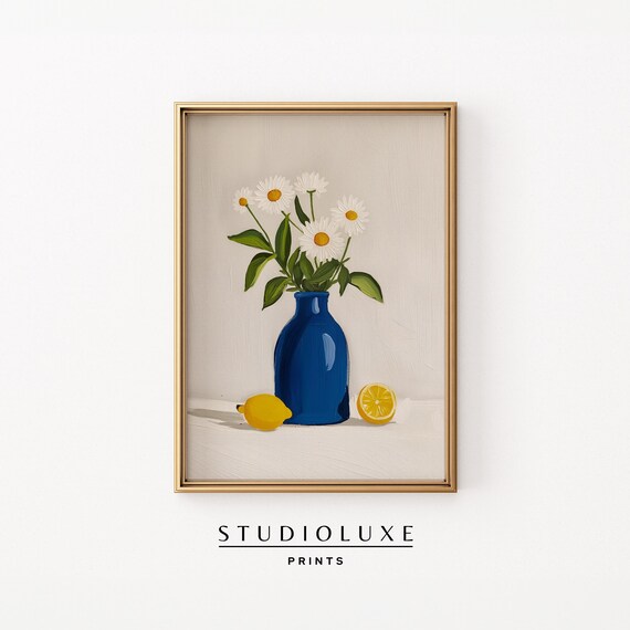 White Daisies in a Cobalt Blue Vase with Lemons Still Life Poster
