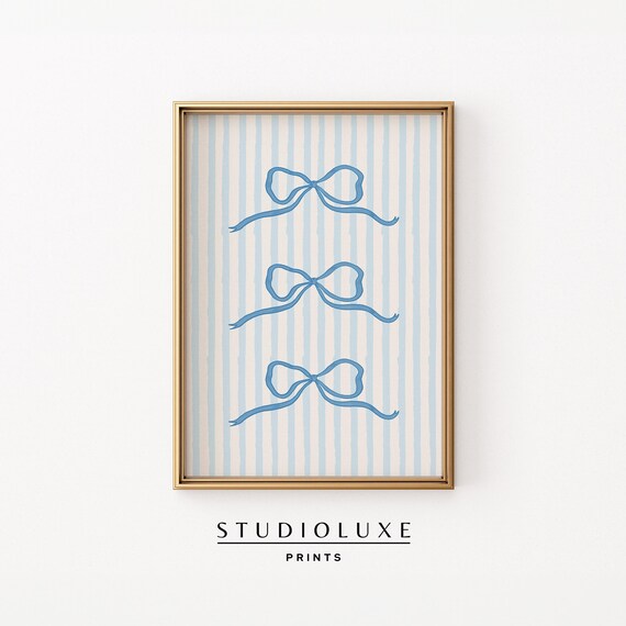 Trio of Blue Watercolor Bows on Blue Striped Background Poster