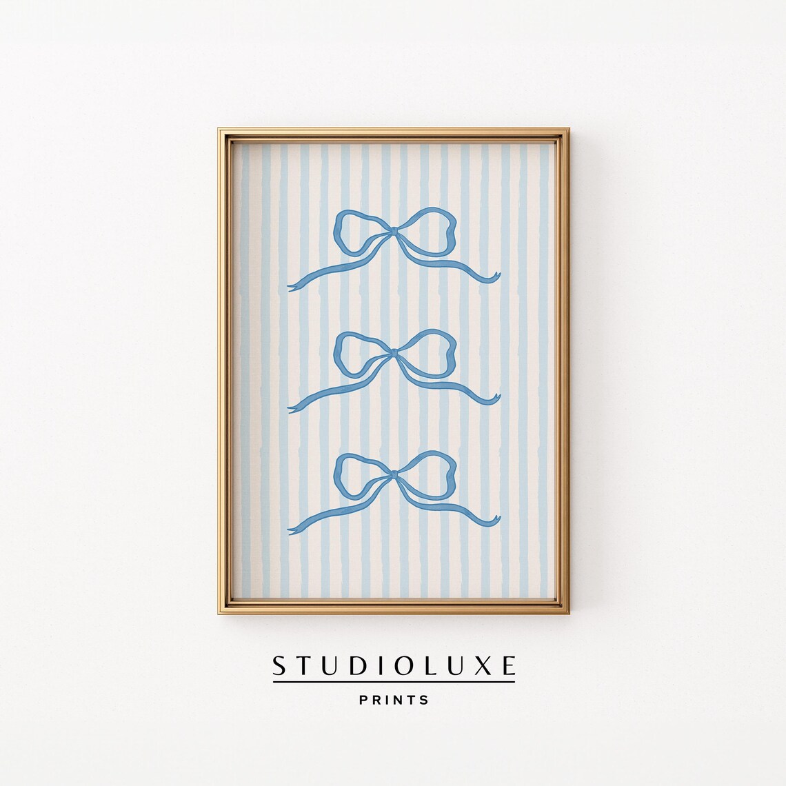 Trio of Blue Watercolor Bows on Blue Striped Background Poster