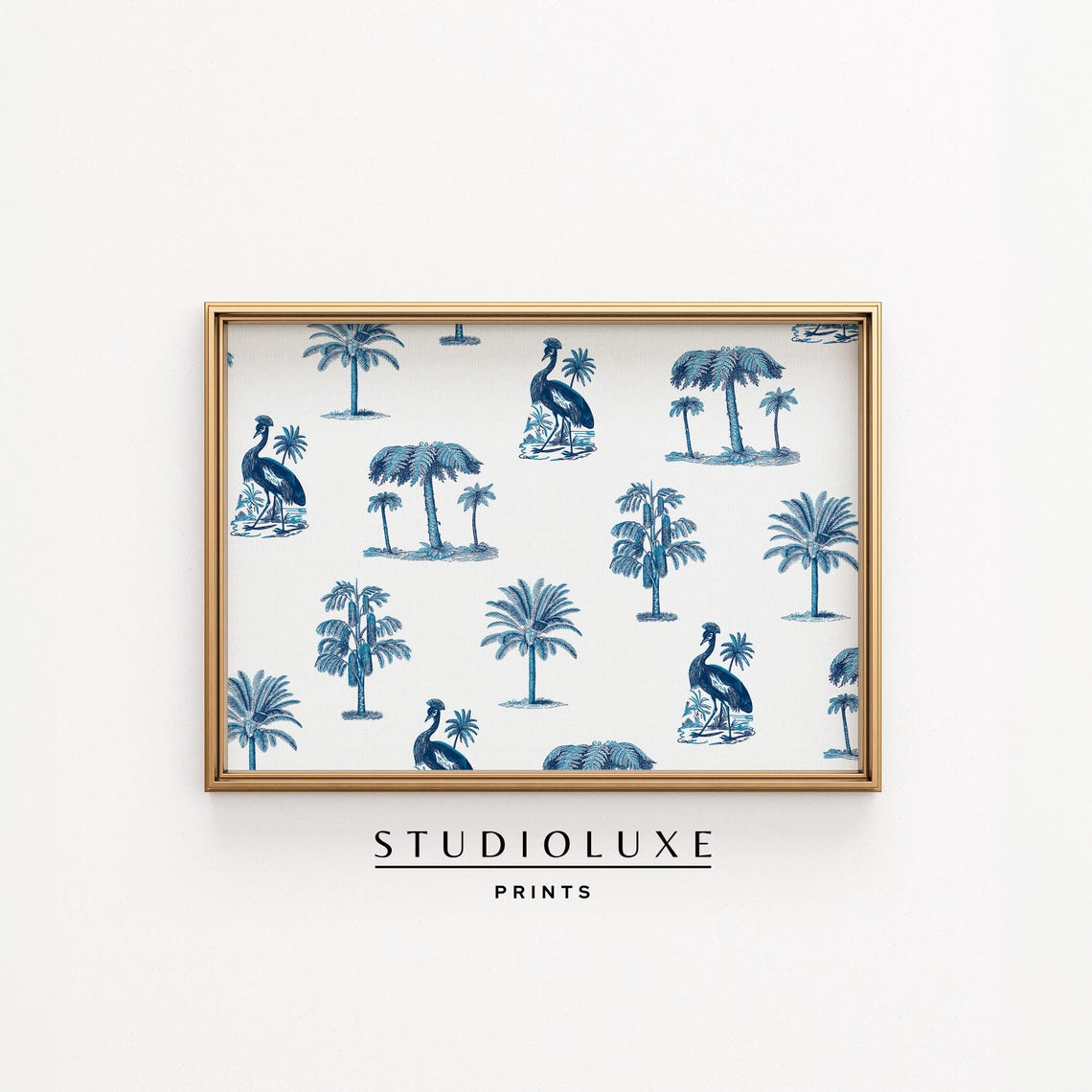 Blue and White Palm Tree Toile Pattern with Elegant Cranes Art Print