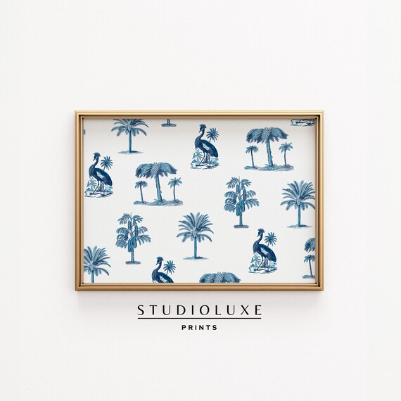 Blue and White Palm Tree Toile Pattern with Elegant Cranes Art Print