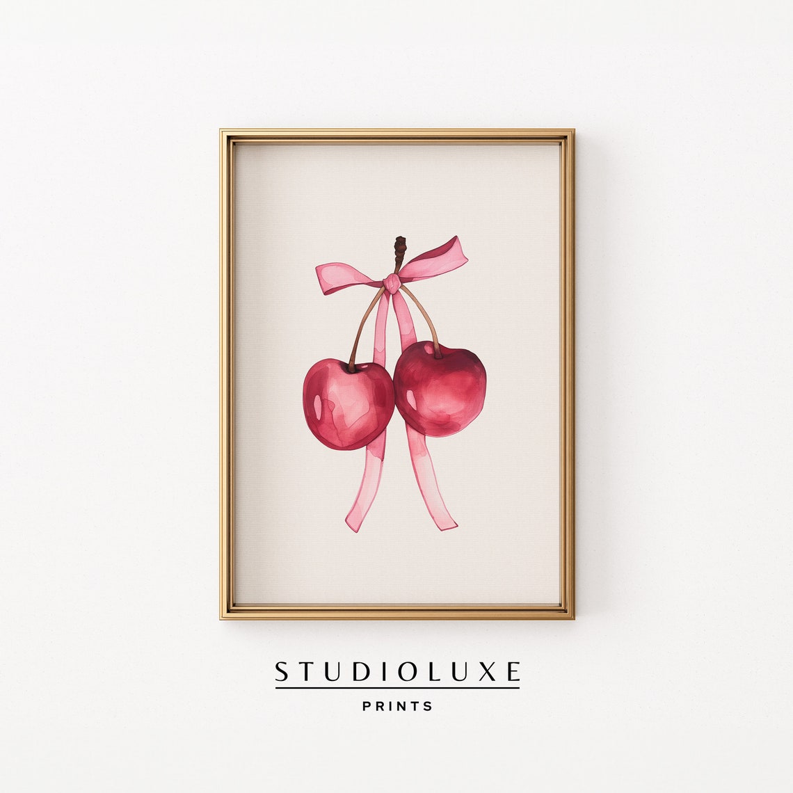 Two Red Cherries Tied With a Pink Ribbon Bow Watercolor Wall Art