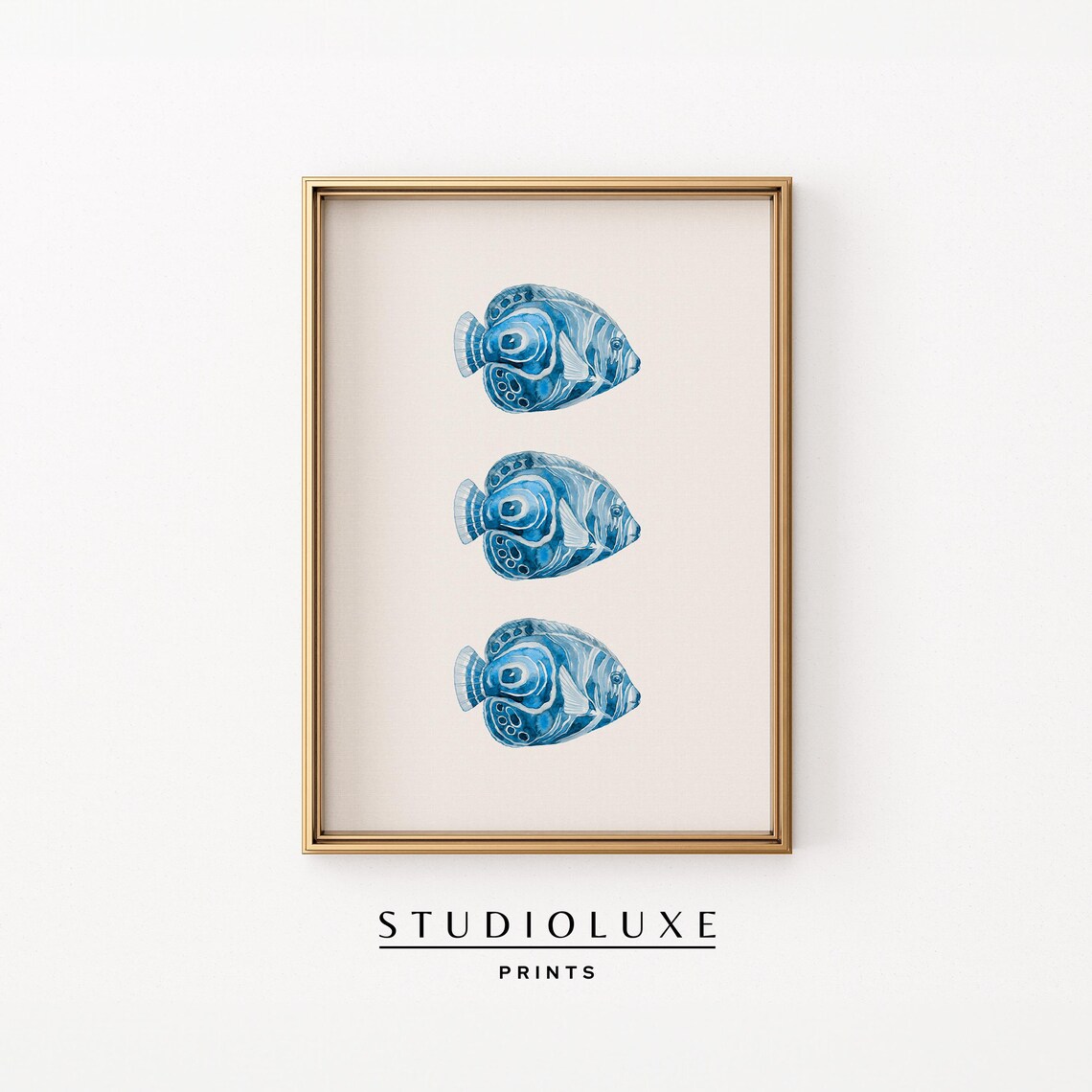 Three Blue Fish Stacked Vertical Watercolor Coastal Ocean Poster
