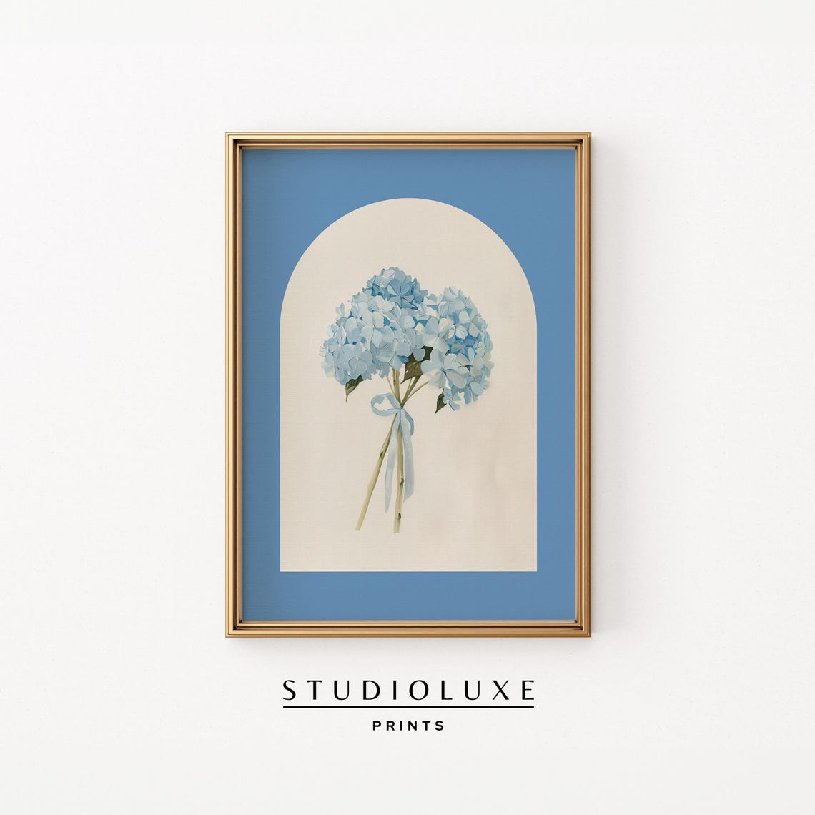 Blue Hydrangea Bouquet Tied with Ribbon in Cream Archway Poster