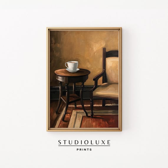 Sitting Room Wall Art Cozy Chair And Coffee Cup Print Warm Neutral Interior Painting Fall Home Decor Artwork