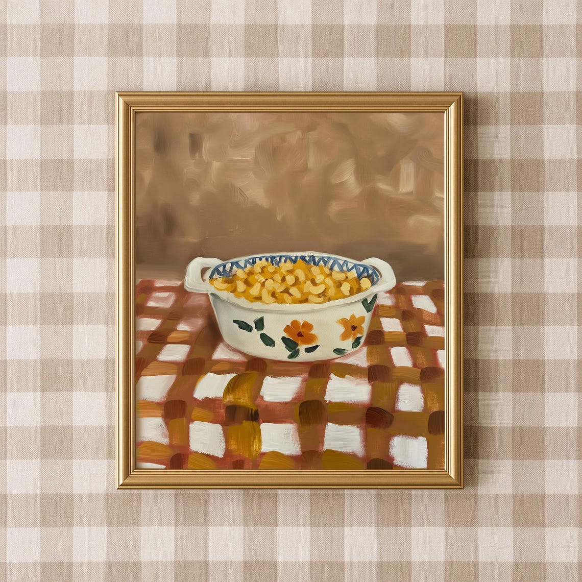 Mac and Cheese Casserole Bowl Gingham Table Comfort Food Poster