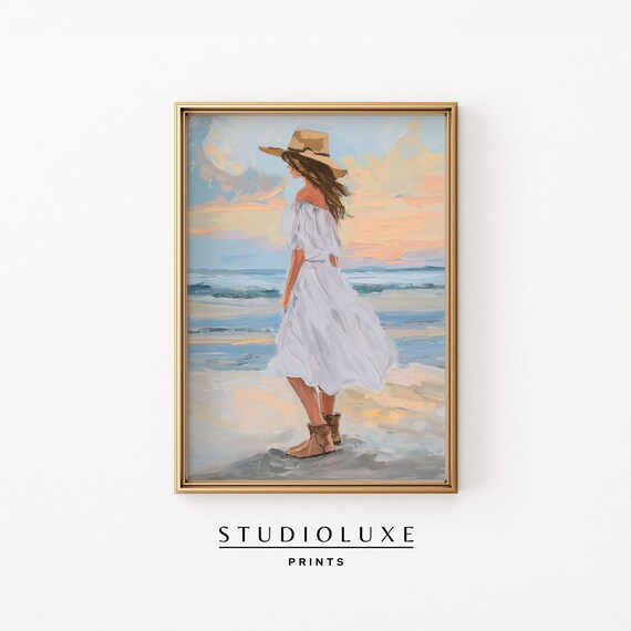 Coastal Cowgirl White Dress Sunset Beach Painting Art Poster