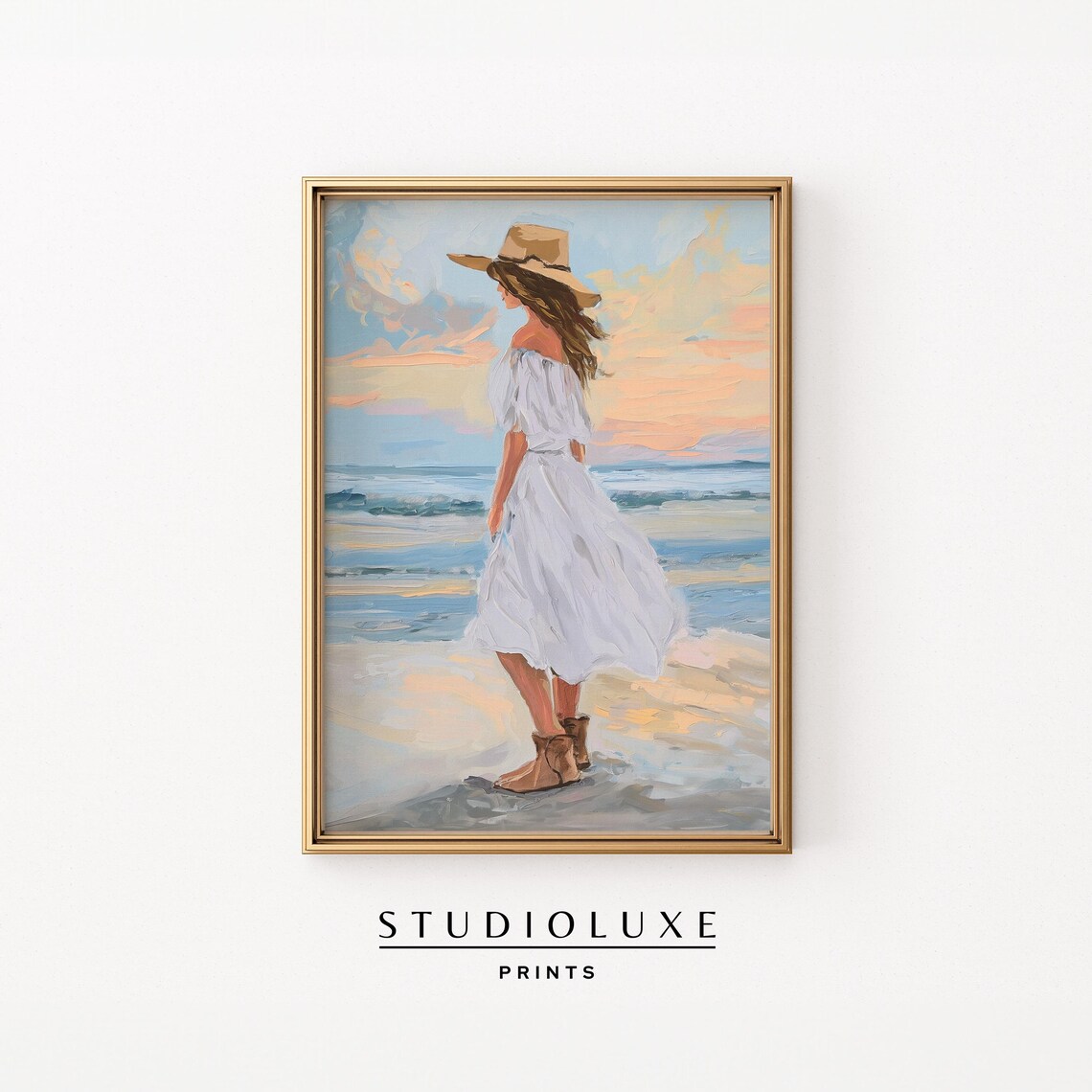 Coastal Cowgirl White Dress Sunset Beach Painting Art Poster