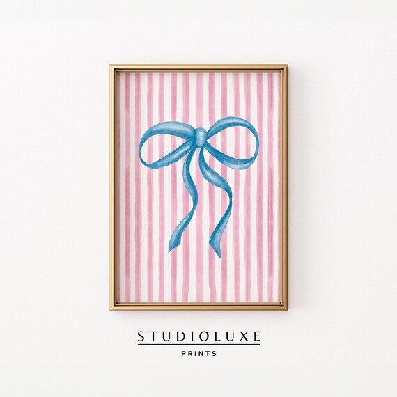 Sweet Blue Bow on Pink Watercolor Stripes Coquette Preppy Poster