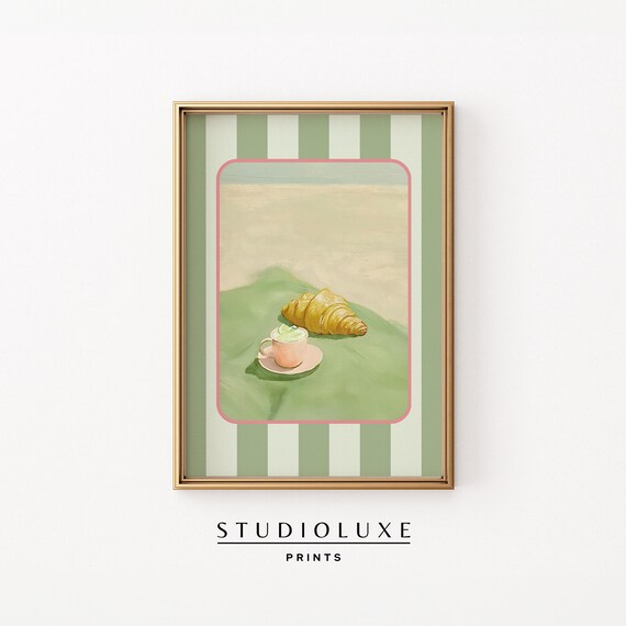 Croissant and Coffee by the Sea on Green Striped Cloth Poster