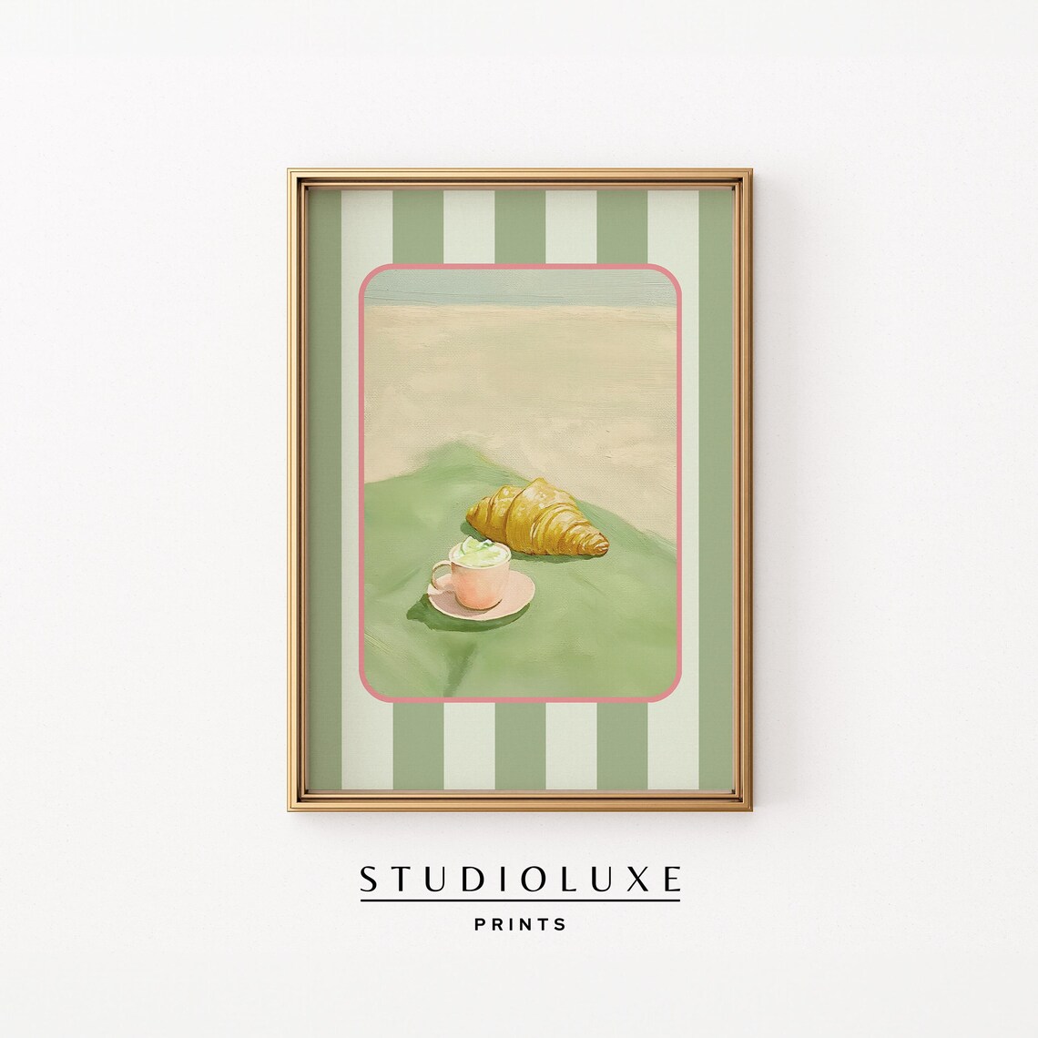 Croissant and Coffee by the Sea on Green Striped Cloth Poster