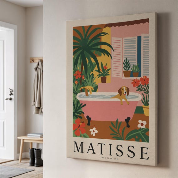 Matisse Canvas Art Colorful Retro Dog In Bathtub Illustration Tropical Plants And Midcentury Design Vintageinspired Wall Decor