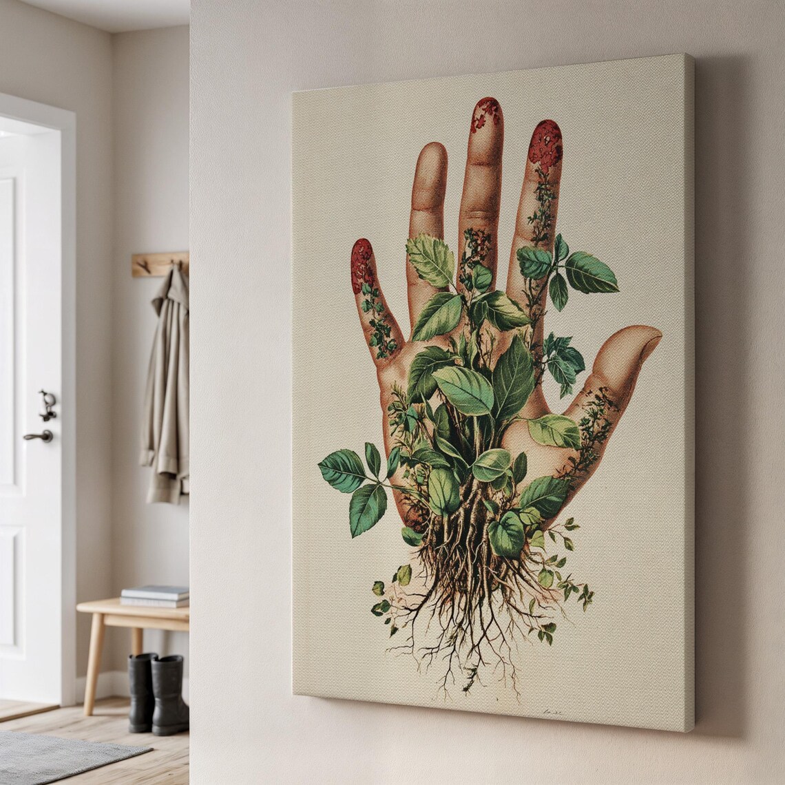 Botanical Hand Art Print, Green Plants and Roots