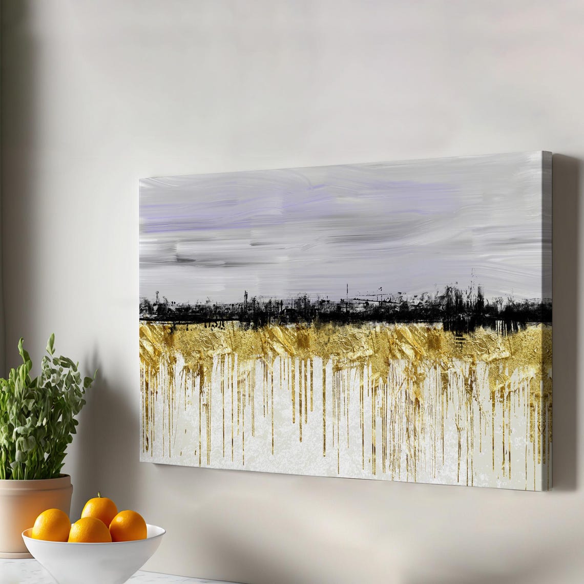 Modern Gold Black and Gray Abstract Canvas Wall Art with Drip Texture