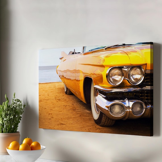 Golden Yellow Classic Convertible Beach Scene Vintage Car Poster