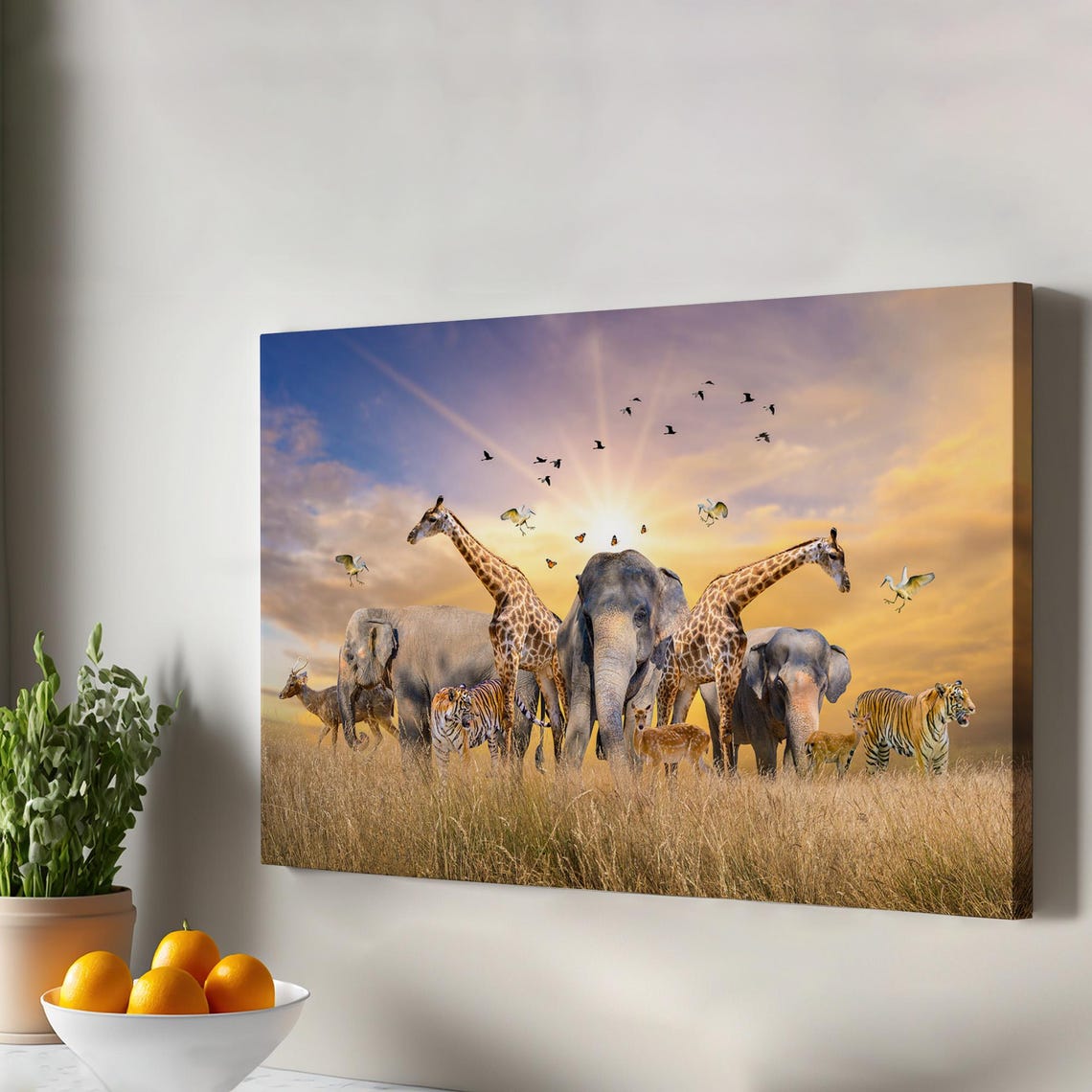 African Safari Elephant Giraffe Tiger Sunset Canvas Art Print