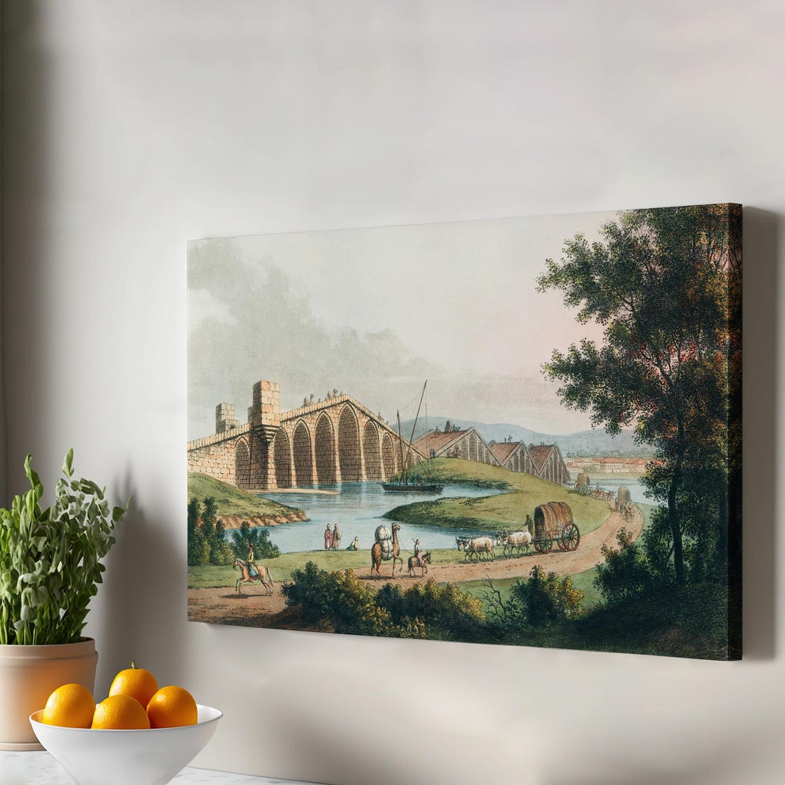 Antique Stone Bridge River Travelers Vintage Landscape Poster