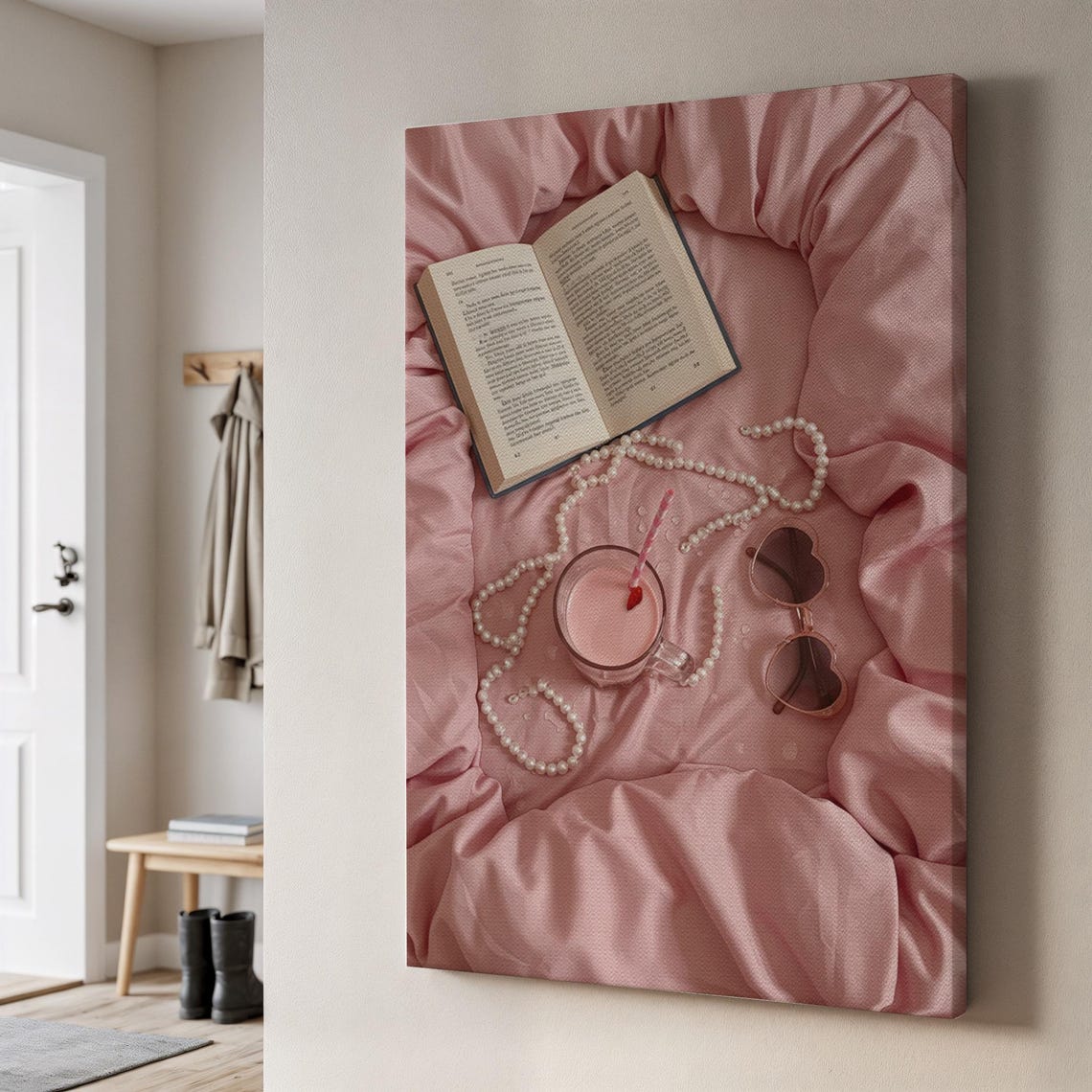 Pink Cozy Reading Flat Lay Book Pearls Drink Heart Glasses Wall Art