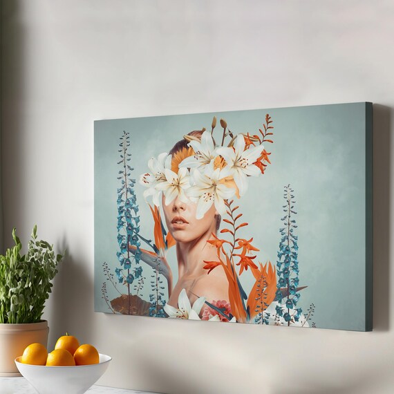 Surreal Woman Portrait White Lilies Tropical Flowers Dreamy Collage Poster