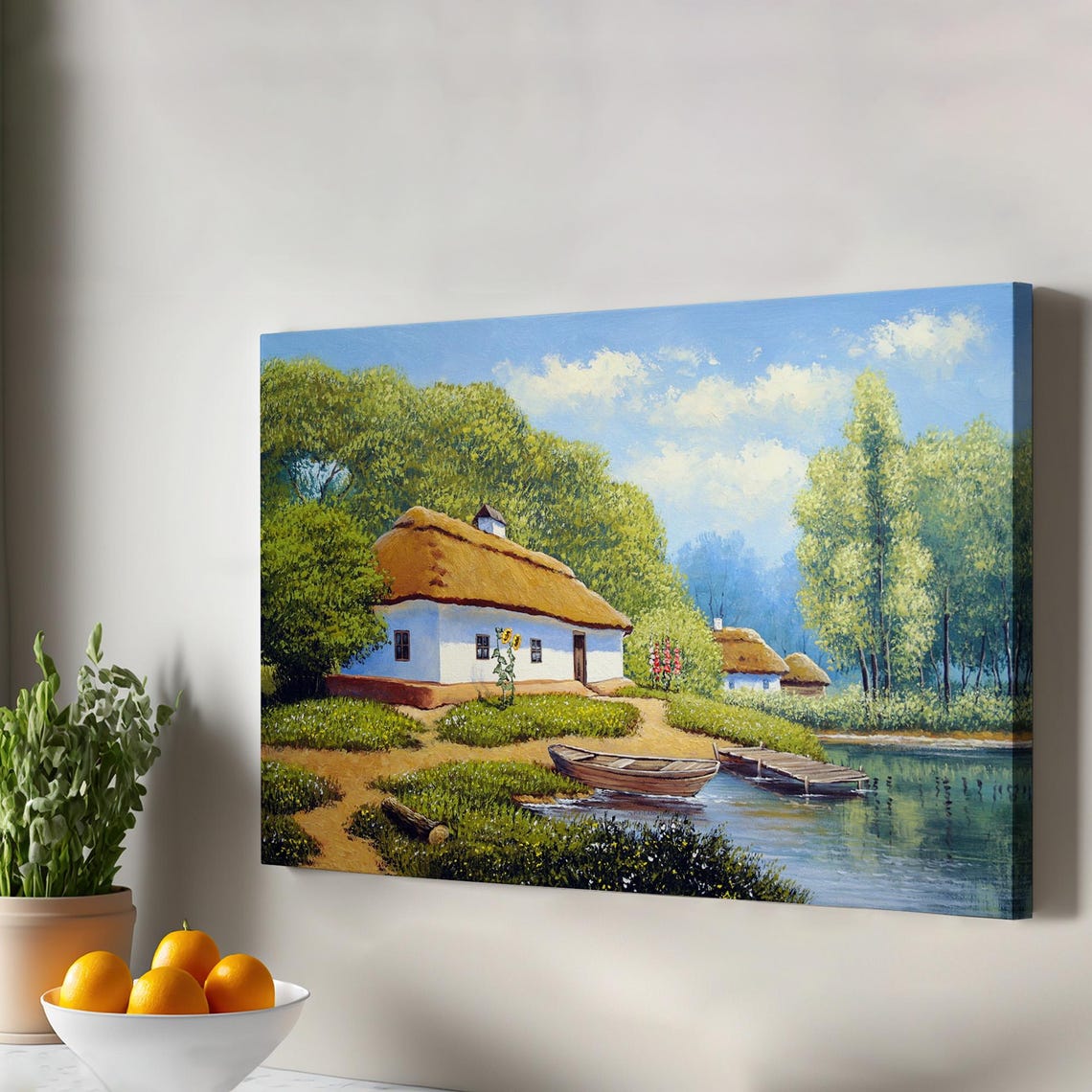 Ukrainian Village Thatched Cottage River Boat Rural Scene Poster