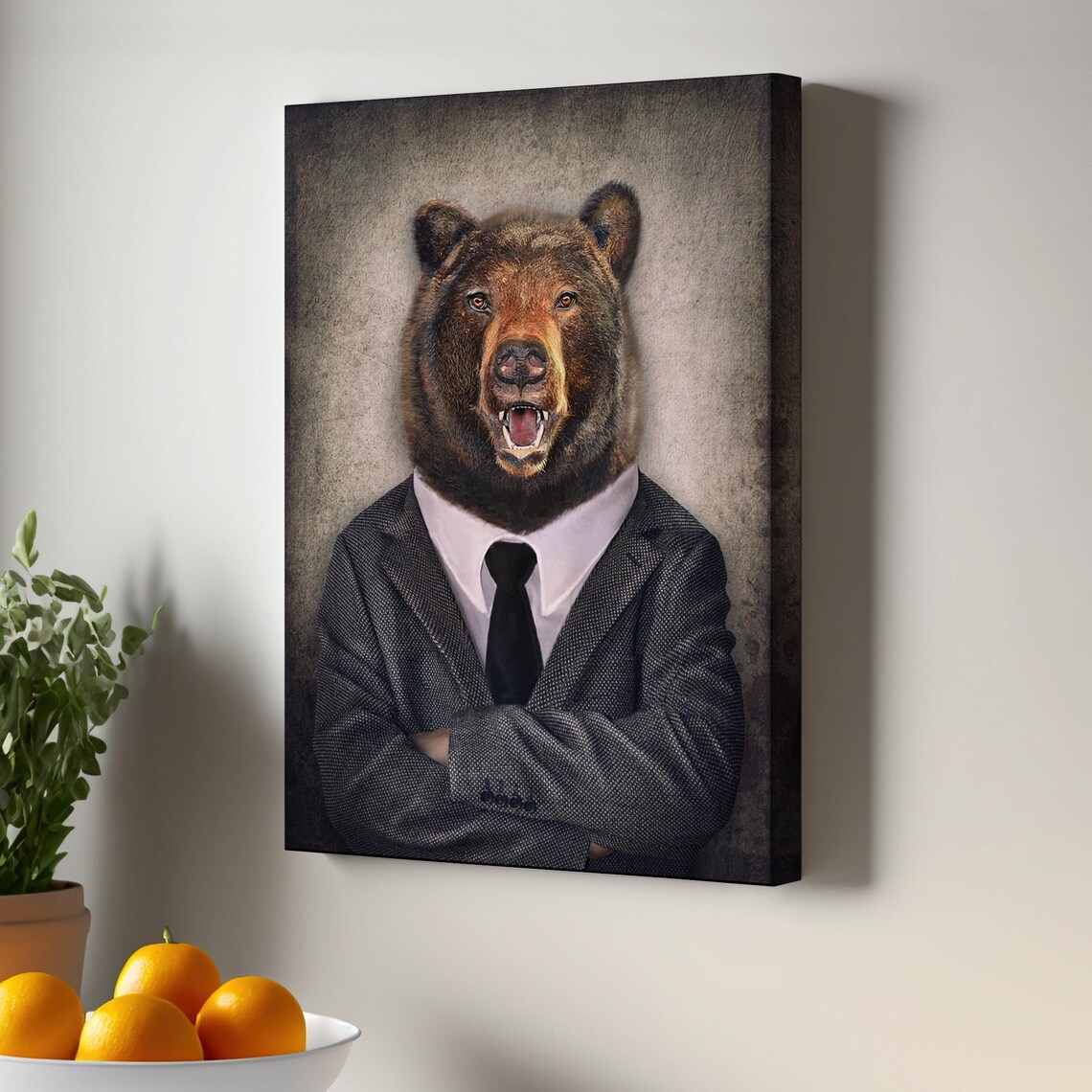 Dapper Brown Bear In Business Suit Funny Animal Portrait Wall Art