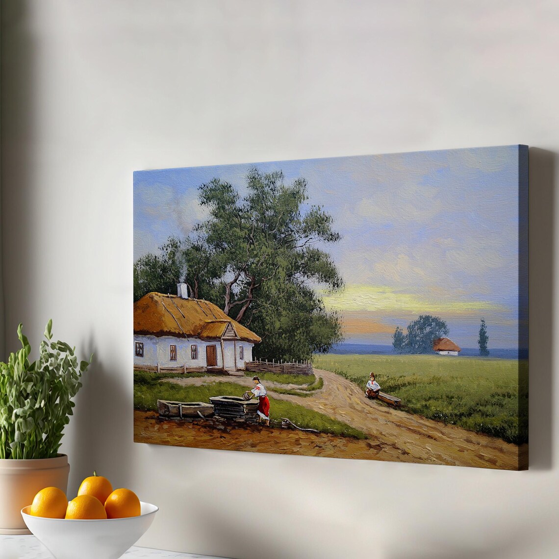 Thatched Roof Village Cottage By The Well Oil Painting Rural Print