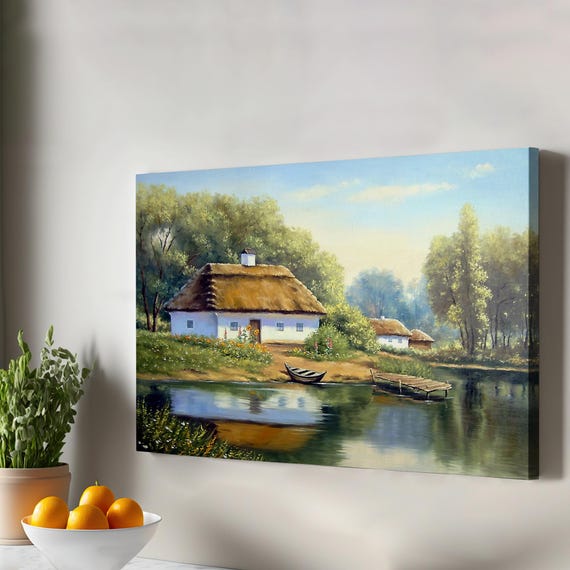 Lake View Village House Oil Painting Look Decorative Canvas Wall Art Nature Print Decor