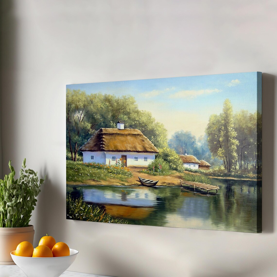 Thatched Cottage Lake Village Boat Dock Oil Painting Wall Art