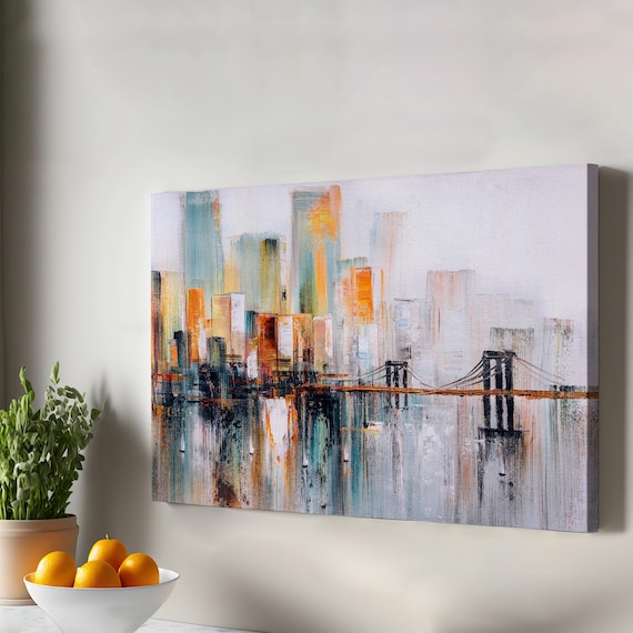 Brooklyn Bridge Cityscape Abstract Oil Painting Canvas Orange Teal Wall Art