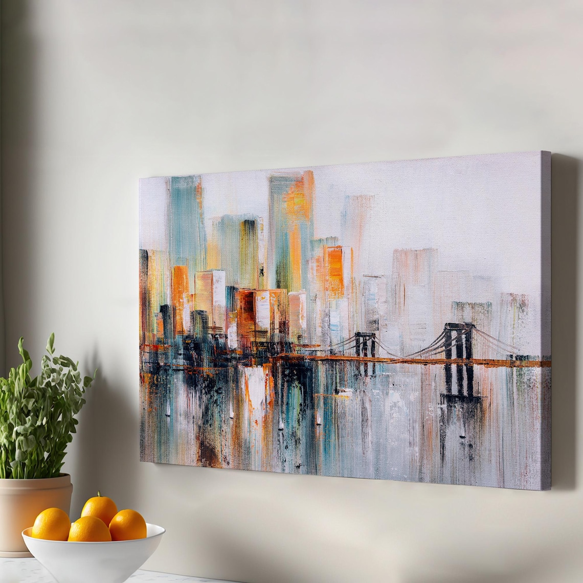 Brooklyn Bridge Cityscape Abstract Oil Painting Canvas Orange Teal Wall Art