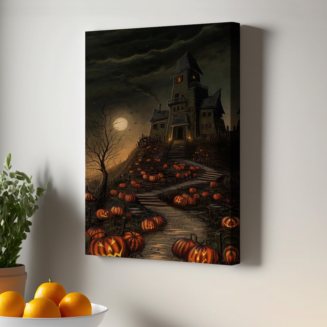 Haunted House Halloween Moonlight Jack O Lantern Pumpkins Spooky Night Poster
