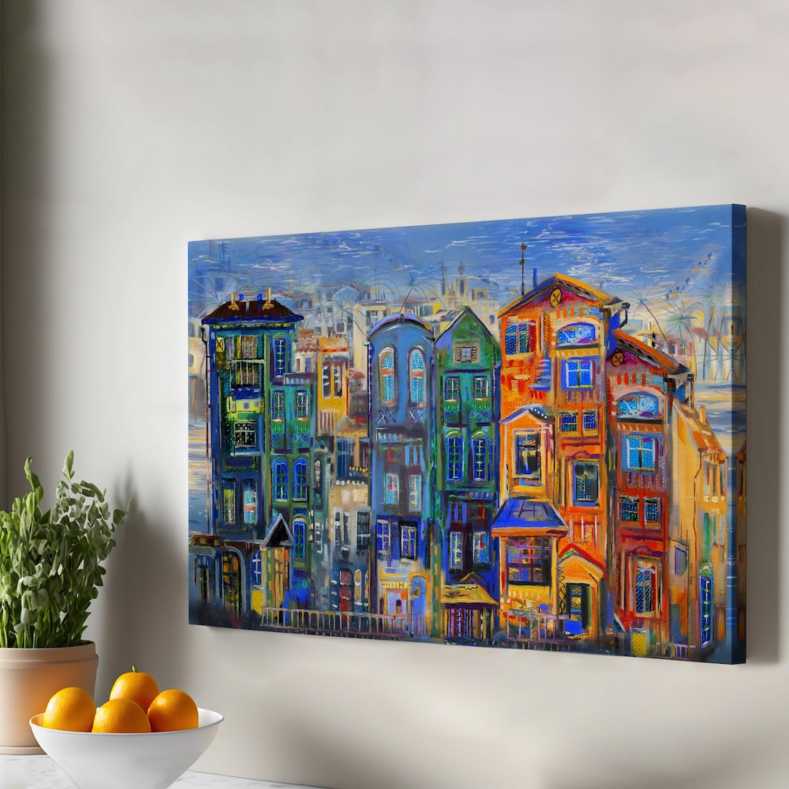 Colorful Old European Houses Street Oil Painting Canvas Print