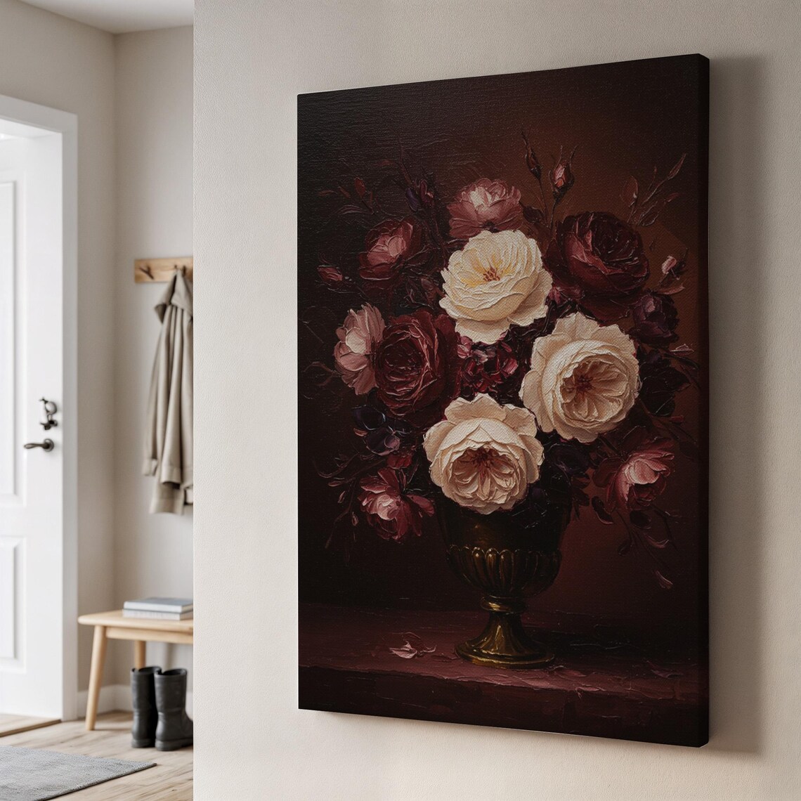 Dark Baroque Rose Bouquet Canvas Still Life Oil Painting Moody Floral Poster