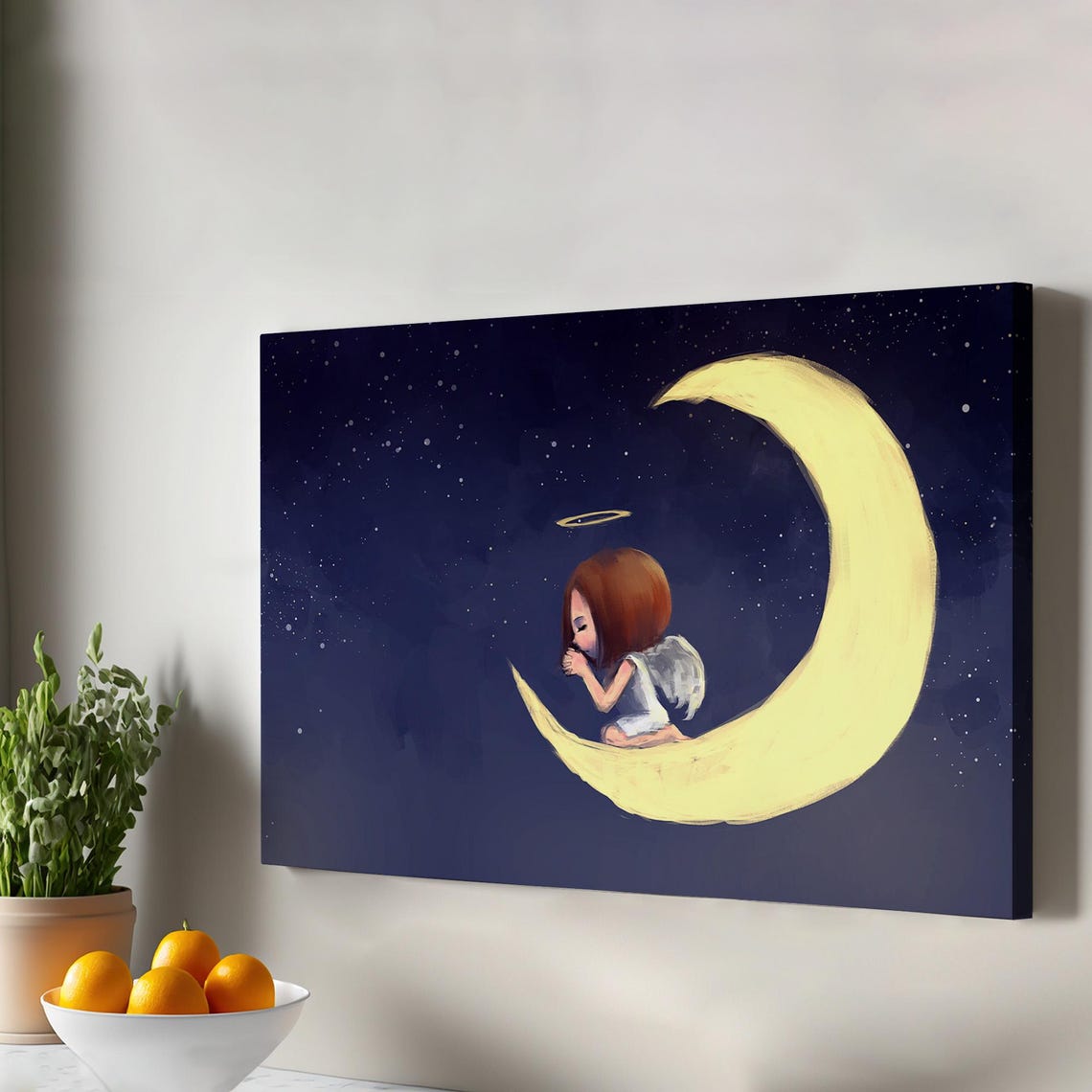 Angel Girl Praying On The Moon Canvas Wall Art Housewarming Gifts Large Abstract Modern Decor