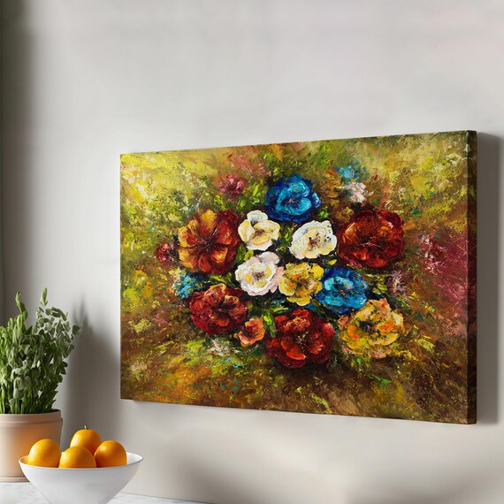Colorful Flower Bouquet Oil Painting Style Canvas Wall Art Bloom Decor
