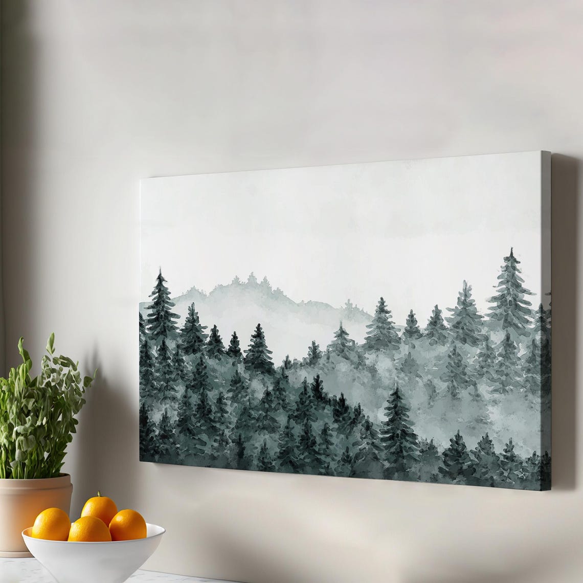 Misty Evergreen Forest Watercolor Trees Mountain Landscape Wall Art