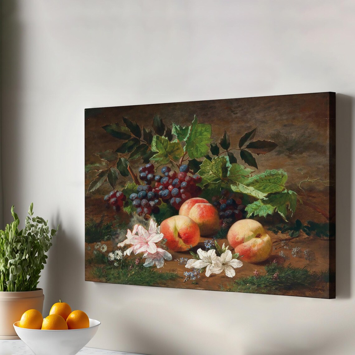 Vintage Fruit Still Life Peaches Grapes Flowers Classic Oil Painting Print