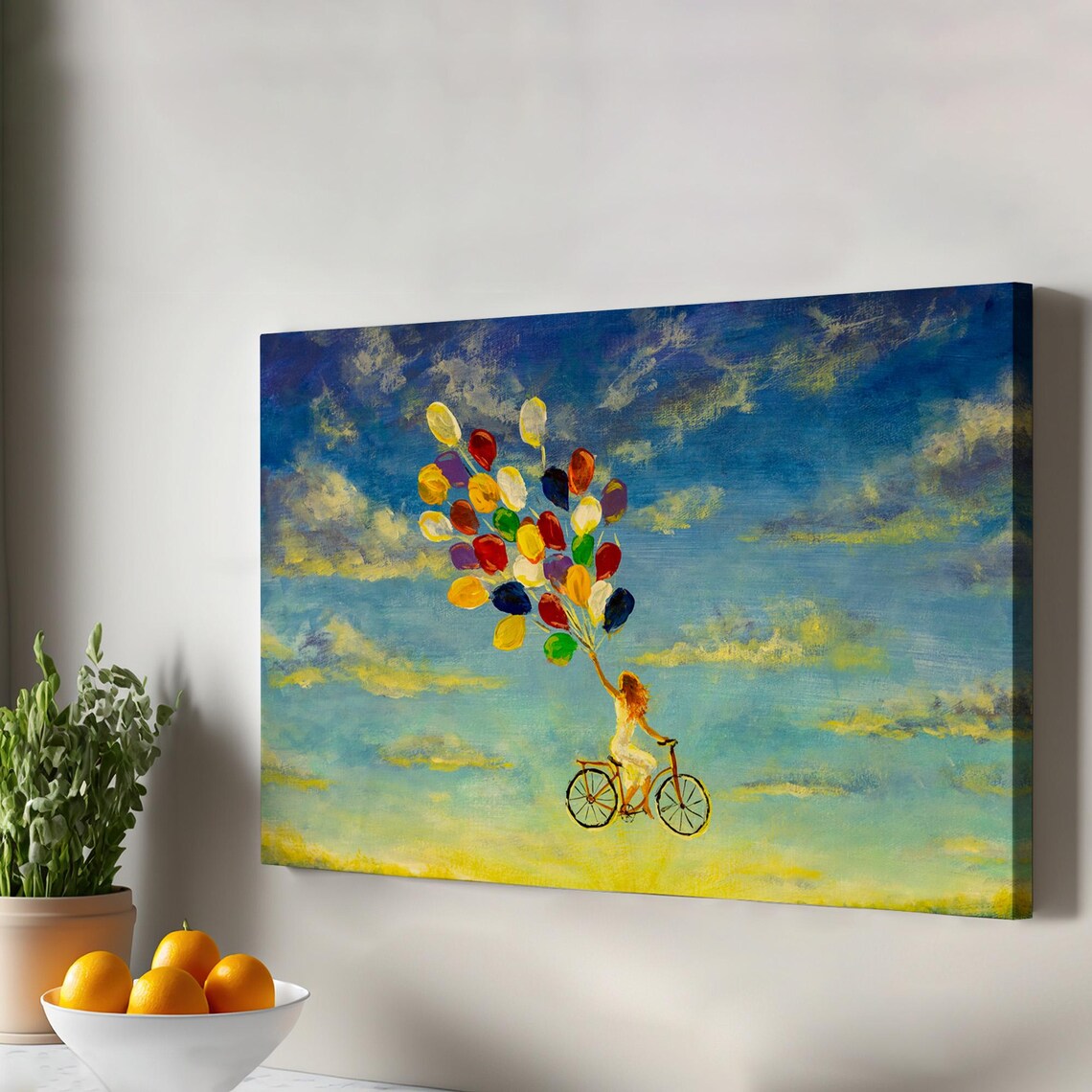 Girl on Bicycle Flying with Colorful Balloons Sky Painting Poster