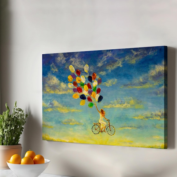 Girl on Bicycle Flying with Colorful Balloons Sky Painting Poster