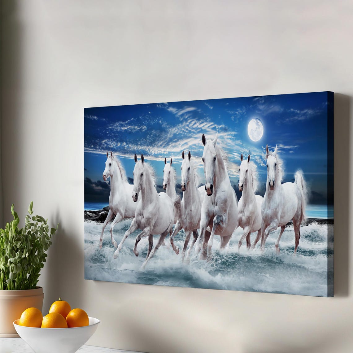 Seven White Horses Running Through Moonlight Ocean Waves Print