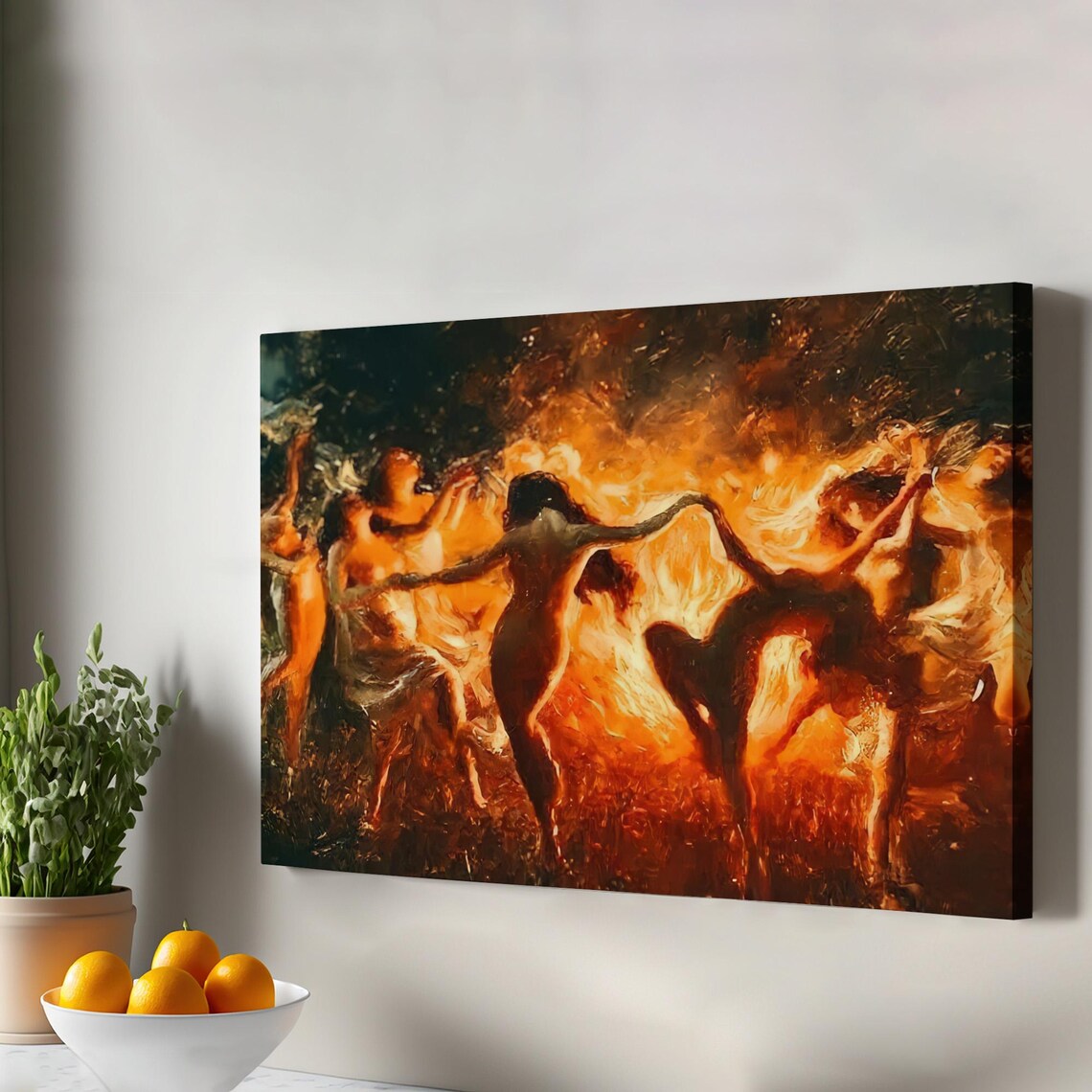 Fire Dancers Painting Women Dancing In Flames Myth Canvas Poster