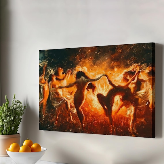 Women Dancing Around Fire In Shabbat Ceremony Art Religious Canvas Print Modern Wall Decor Framed