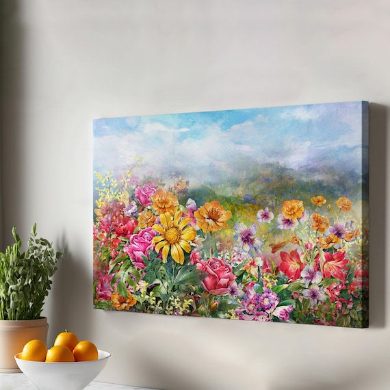 Multicolor Flower Garden Roses Daisies Watercolor Canvas Wall Art